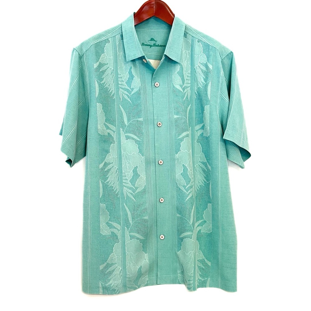 Tommy Bahama Turquoise Silk Jacquard Short Sleeve Camp Shirt XXL